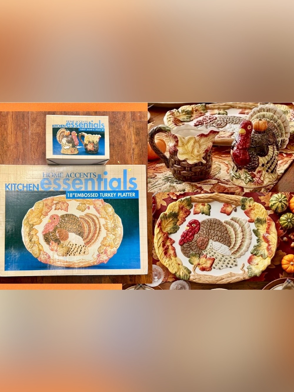 Vintage Home Essentials Embossed Turkey Platter & Matching Cream/Sugar Set~NEW